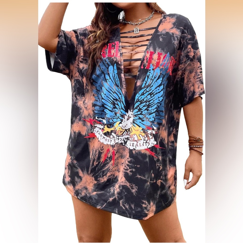 Amazon Oversized Graphic Tie-Dye V Cut T-Shirt, Size 1X